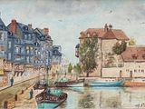 a painting of a harbor scene with boats in the water