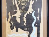 tableau représentant un homme et une femme tenant un drapeau devant un bâtiment
