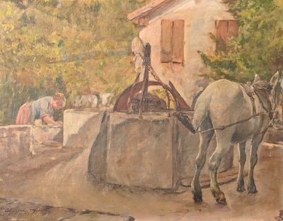 a painting of a horse pulling a cart with a man on it