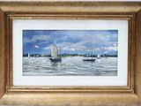 painting of a sailboat in a body of water under a cloudy sky