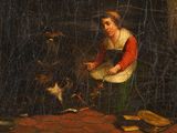 painting of a woman with a dog and a cat in a dark room