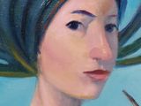 painting of a woman in a turban holding a pair of scissors
