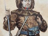 painting of a man in a brown coat holding a rifle and a rifle