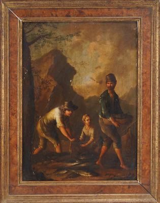 a painting of two men and a child in a wooded setting