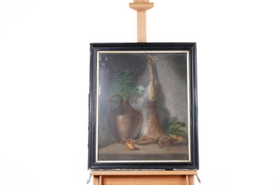 a painting of a cat sitting on a easel with a potted plant