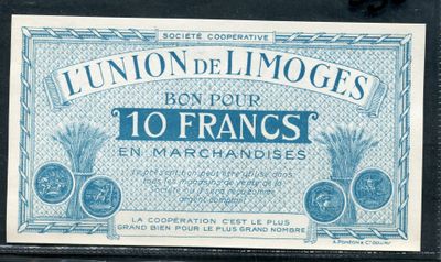 a close up of a blue and white french 10 frans bank note