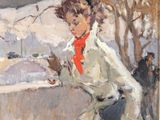 tableau représentant une femme vêtue d'un manteau blanc et d'une écharpe rouge, tenant un parapluie