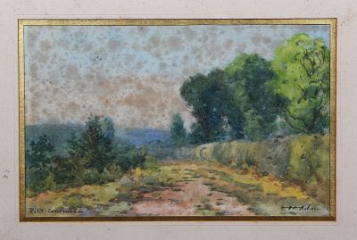 l'image d'une peinture représentant un chemin de terre avec des arbres en arrière-plan