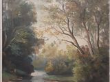 une peinture à l'huile représentant une rivière avec des arbres et des rochers au premier plan