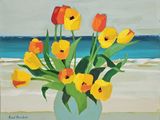 a painting of yellow and red tulips in a vase on the beach
