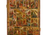 un tableau représentant une scène religieuse composée de nombreuses scènes différentes