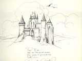 drawing of a castle on a hill with a bird flying over it