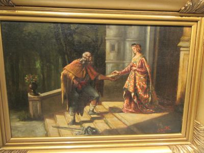 painting of a man and a woman shaking hands on a porch