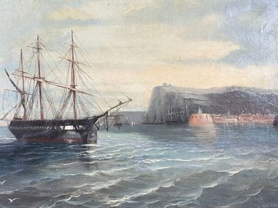a painting of a ship in the water with a castle in the background