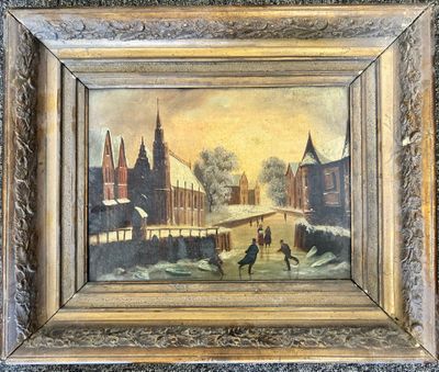 painting of a winter scene with figures skating on a frozen river