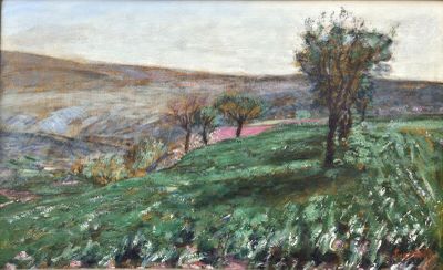 un tableau représentant un champ vert parsemé d'arbres