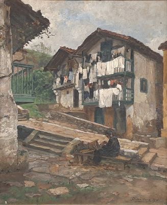 painting of a house with clothes hanging out to dry on a clothes line