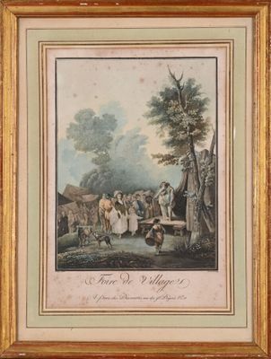 an old painting of a village scene with people and animals in the foreground