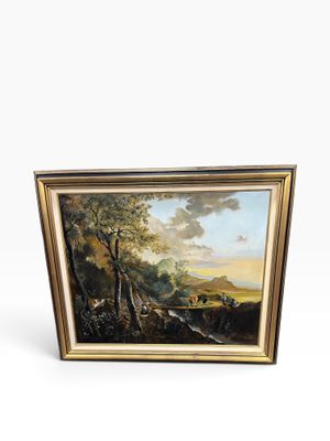 a painting of a landscape with a river in the foreground