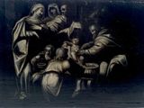 un vieux tableau représentant un groupe de personnes assises autour d'un bébé