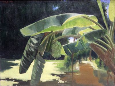 un tableau représentant un bananier au milieu d'un champ