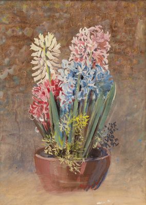 une peinture de fleurs dans un pot sur une table