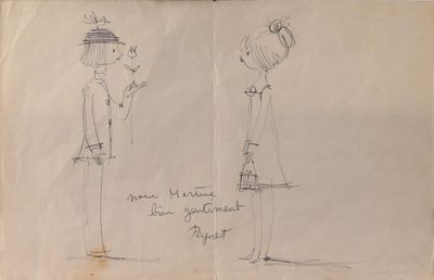deux croquis représentant une femme en robe et un homme coiffé d'un chapeau