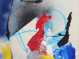 an image of a painting with blue, red, yellow, and white colors
