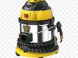 un aspirateur jaune et noir muni d'un tuyau, sur fond blanc