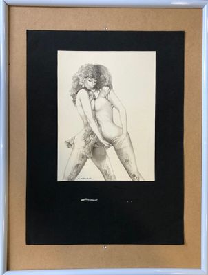 a black and white drawing of a naked woman in a white frame