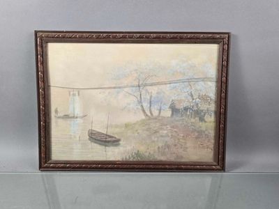 painting of a boat on a river with a man in a boat on the water