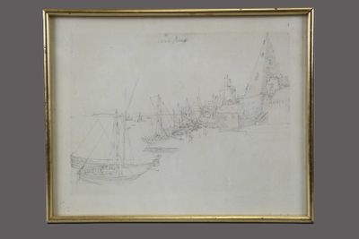 a drawing of a boat in a harbor with buildings in the background