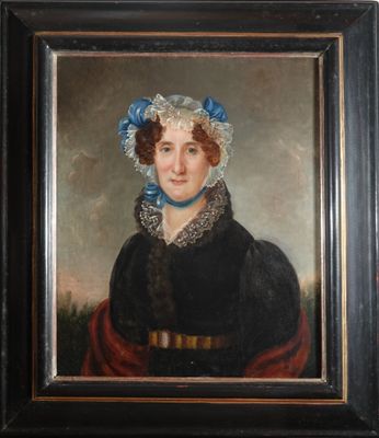 une peinture à l'huile représentant une femme en robe noire et coiffe bleue