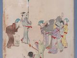 a painting of a group of people standing around a fire hydrant