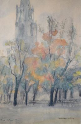 tableau représentant des arbres dans un parc, avec un bâtiment en arrière-plan