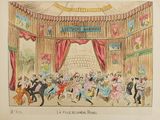 a drawing of a group of people dancing in a circus