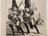un vieux dessin en noir et blanc représentant un groupe d'hommes jouant de la musique