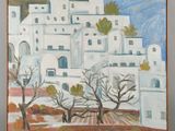 une peinture à l'huile représentant un bâtiment blanc sur une colline, avec des arbres au premier plan