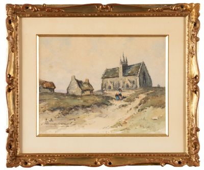 an image of a picture of a painting of a church in a field