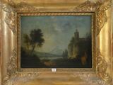 tableau représentant un paysage avec un château au loin et une rivière au premier plan