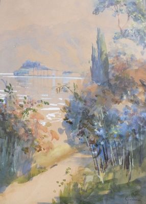 un tableau représentant un sentier menant à un plan d'eau