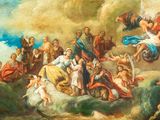 an image of a painting of a group of people sitting on a cloud