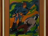 painting of a man riding a bike with a dog in the foreground