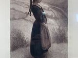 drawing of a woman in a black dress standing in front of a mountain