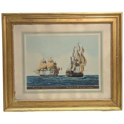 painting of two ships in the ocean with a sky in the background