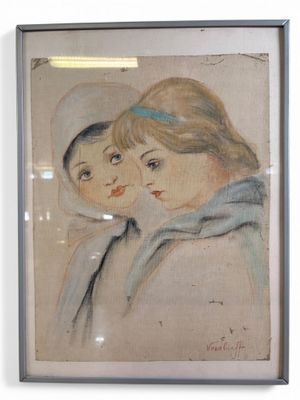 painting of two young girls in a white hat and blue scarf