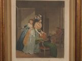 a painting of two women sitting at a table in front of a mirror