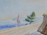 a watercolor painting of a sailboat on the water