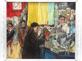 une peinture à l'huile représentant un groupe de personnes debout autour d'un bar