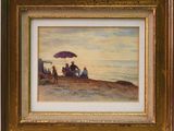 tableau représentant des personnes assises sous un parasol sur la plage